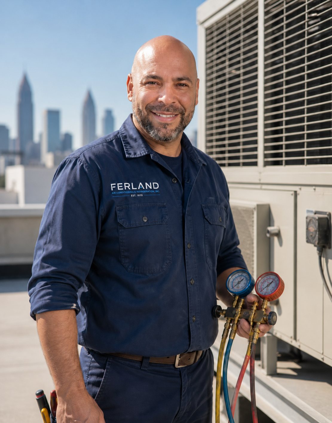 Ferland technician in company uniform holding refrigeration manifold gauges beside a commercial rooftop unit, with the South Florida skyline behind.